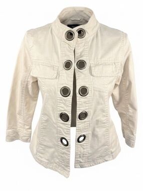 AMX Military Style Beige Ecru Cropped Jacket Grommets Womens size Small Petite